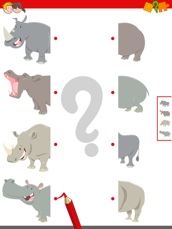 Cartoon Illustration of Educational Game of Matching Halves of Cute Hippos and Rhinos Animal Charactersのイラスト素材