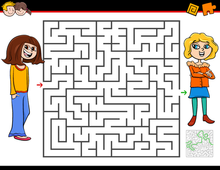 Cartoon Illustration of Education Maze or Labyrinth Activity Game for Children with Girl and Her Best Friendのイラスト素材