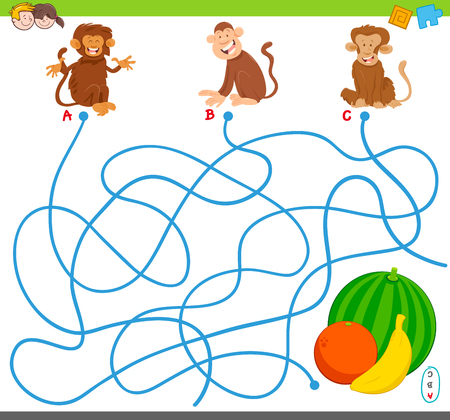 Cartoon Illustration of Maze Puzzle Activity Game with Monkey Animal Characters and Fruitsのイラスト素材