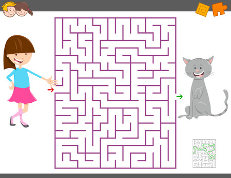 Cartoon Illustration of Education Maze or Labyrinth Activity Game for Children with Girl and her Catのイラスト素材