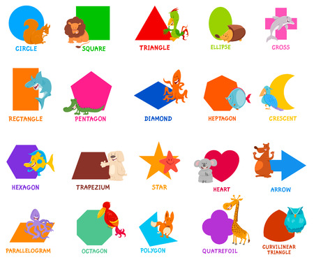Cartoon Illustration of Educational Basic Geometric Shapes for Preschool or Elementary School Children with Cute Animal Charactersのイラスト素材