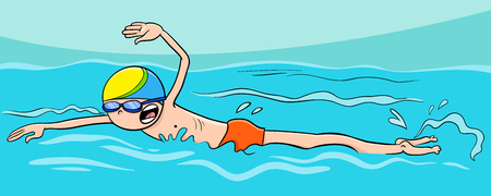 Cartoon Illustration of Boy Swimming in the Water Crawl Stroke Techniqueのイラスト素材