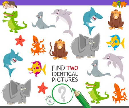 Cartoon Illustration of Finding Two Identical Pictures Educational Game for Kids with Funny Wild Animal Charactersのイラスト素材