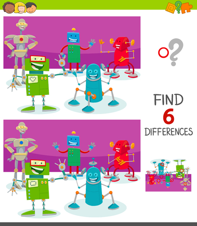 Cartoon Illustration of Finding Six Differences Between Pictures Educational Game for Children with Robot Characters Groupのイラスト素材