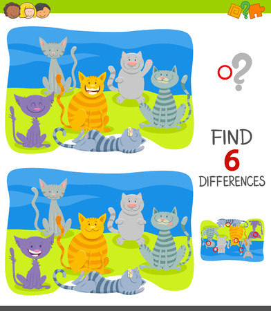 Cartoon Illustration of Finding Six Differences Between Pictures Educational Game for Children with Funny Cat Characters Groupのイラスト素材