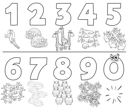 Black and White Cartoon Illustration of Educational Numbers Set from One to Nine with Funny Animals Coloring Bookのイラスト素材