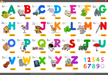 Cartoon Illustration of Capital Letters Alphabet Set with Funny Characters for Reading and Writing Education for Childrenのイラスト素材