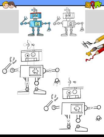 Cartoon Illustration of Drawing and Coloring Educational Activity for Children with Funny Robot or Droid Characterのイラスト素材