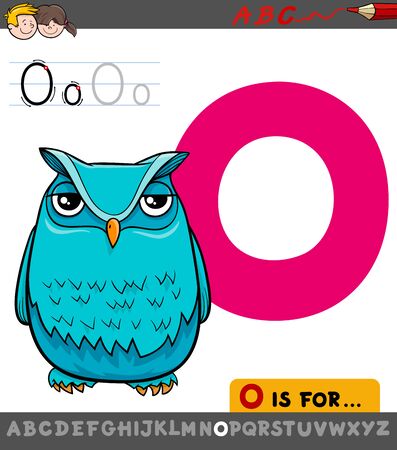 Educational Cartoon Illustration of Letter O from Alphabet with Owl Bird for Childrenのイラスト素材