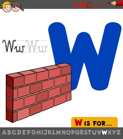 Educational Cartoon Illustration of Letter W from Alphabet with Wall for Childrenのイラスト素材