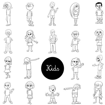 Black and White Cartoon Illustration of Children and Teens Characters Large Setのイラスト素材