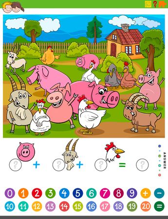 Cartoon Illustration of Educational Mathematical Counting and Addition Game for Children with Farm Animal Charactersのイラスト素材