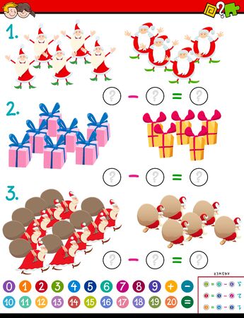 Cartoon Illustration of Educational Mathematical Addition Puzzle Task for Children with Christmas Charactersのイラスト素材