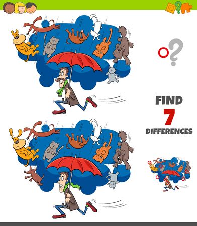Cartoon Illustration of Finding Differences Between Pictures Educational Game for Children with "Raining like Cats and Dogs" Proverbのイラスト素材