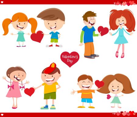 Greeting Card Cartoon Illustration with Girls and Boys in Love with Heart on Valentines Day Setのイラスト素材