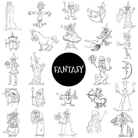 Black and White Cartoon Illustration of Fantasy Characters Huge Set Coloring Book Pageのイラスト素材