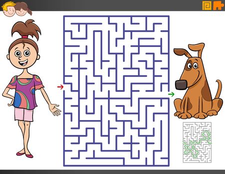 Cartoon Illustration of Educational Maze Puzzle Game for Children with Girl and Puppy Characterのイラスト素材