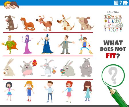 Cartoon Illustration of Finding Picture that does not Fit in a Row Educational Game for Elementary Age or Preschool Children with Comic Charactersのイラスト素材