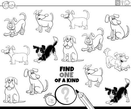 Black and White Cartoon Illustration of Find One of a Kind Picture Educational Game with Funny Dogs and Puppies Animal Characters Coloring Book Pageのイラスト素材