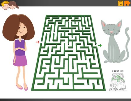 Cartoon Illustration of Educational Maze Puzzle Game for Children with Girl and Cat or Kitten Animal Characterのイラスト素材