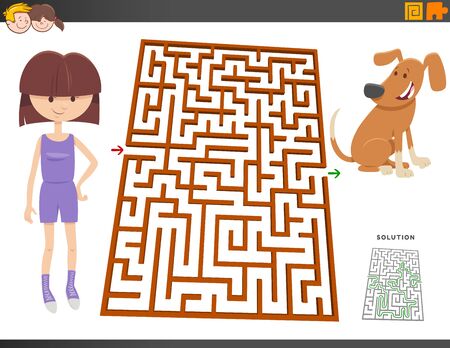 Cartoon Illustration of Educational Maze Puzzle Game for Children with Girl and Puppy Dog Animal Characterのイラスト素材