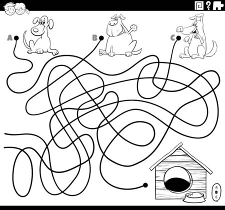 Black and White Cartoon Illustration of Lines Maze Puzzle Game with Comic Dogs and Dog House Coloring Book Pageのイラスト素材