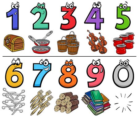 Cartoon Illustration of Educational Numbers Set from One to Nine with different Objectsのイラスト素材