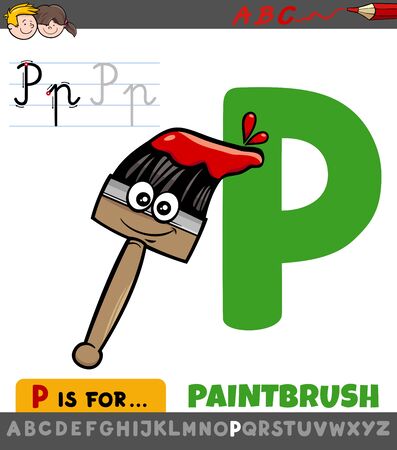 Educational Cartoon Illustration of Letter P from Alphabet with Plane with Comic Paintbrush for Children のイラスト素材