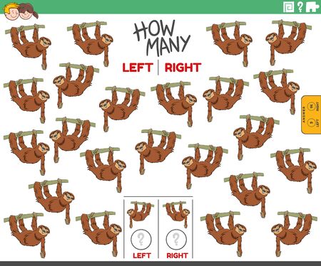 Cartoon Illustration of Educational Task of Counting Left and Right Oriented Pictures of Sloth Animal Characterのイラスト素材