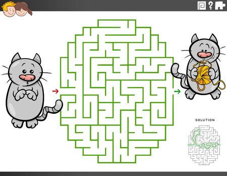 Cartoon Illustration of Educational Maze Puzzle Game for Children with Cat Character with Yarnのイラスト素材