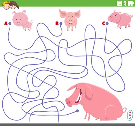 Cartoon Illustration of Lines Maze Puzzle Game with Piglets and Pigのイラスト素材