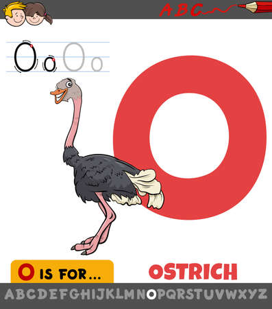 Educational Cartoon Illustration of Letter O from Alphabet with Ostrich Bird Animal Character for Childrenのイラスト素材