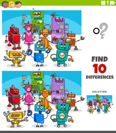 Cartoon Illustration of Finding Differences Between Pictures Educational Game for Kids with Funny Robot Characters Groupのイラスト素材