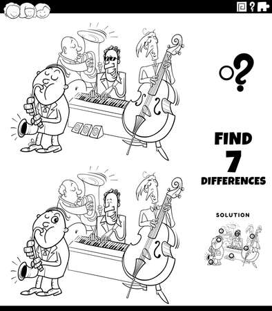 Black and White Cartoon Cartoon Illustration of Finding Differences Between Pictures Educational Game for Children with Comic Jazz Band Musicians Characters Coloring Book Pageのイラスト素材
