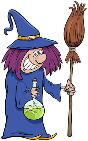 Cartoon Illustration of Funny Witch with Broom Halloween Characterのイラスト素材