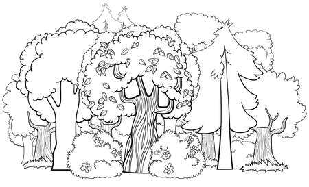 Black and White Cartoon Illustration of mixed Forest with Deciduous and Coniferous Trees Coloring Book Pageのイラスト素材