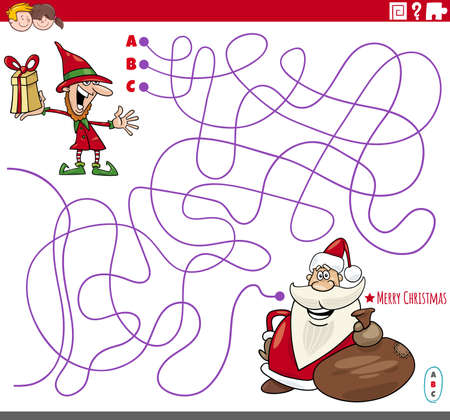 Cartoon illustration of lines maze puzzle game with Santa Claus and Christmas elfのイラスト素材