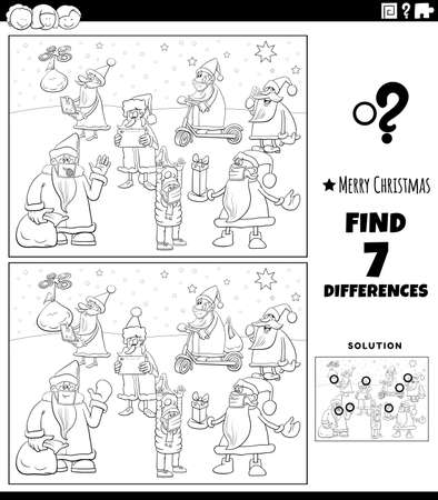 Black and white cartoon illustration of finding differences between pictures educational game for children with Christmas Santa Claus characters coloring book pageのイラスト素材