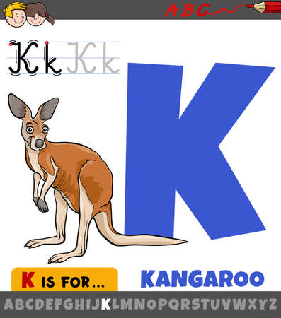 Educational cartoon illustration of letter K from alphabet with kangaroo animal for childrenのイラスト素材