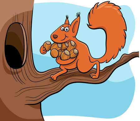 Cartoon illustration of funny squirrel animal character carrying acorns to the hollow in the treeのイラスト素材