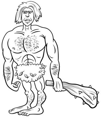 Black and white cartoon illustration of funny prehistoric man stone age character coloring cook pageのイラスト素材