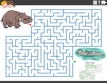 Cartoon illustration of educational maze puzzle game for children with funny hipposのイラスト素材