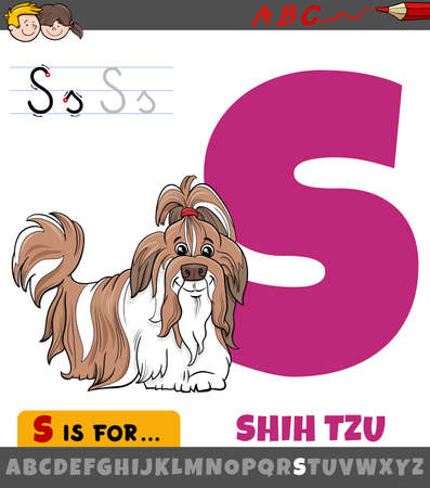 Educational cartoon illustration of letter S from alphabet with Shih Tzu purebred dog animal character for childrenのイラスト素材