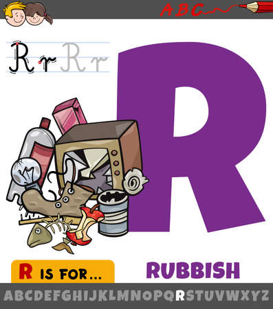 Educational cartoon illustration of letter R from alphabet with rubbish objects for childrenのイラスト素材