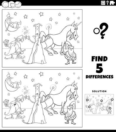 Black and white cartoon illustration of finding the differences between pictures educational game with fantasy characters coloring book pageのイラスト素材