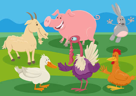 Cartoon illustration of happy farm animal characters group in the countrysideのイラスト素材