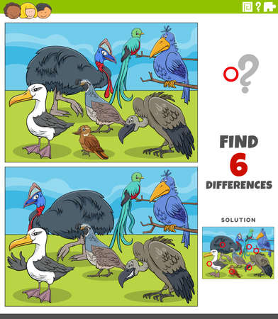 Cartoon illustration of finding the differences between pictures educational game for kids with funny birds animal characters groupのイラスト素材