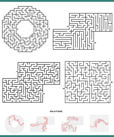 Illustration of black and white mazes leisure game graphs set with solutionsのイラスト素材