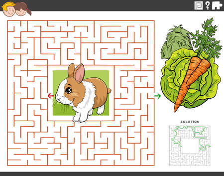 Cartoon illustration of educational maze puzzle game for children with rabbit animal character with hay, carrot and lettuceのイラスト素材