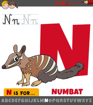 Educational cartoon illustration of letter N from alphabet with numbat animal character for childrenのイラスト素材